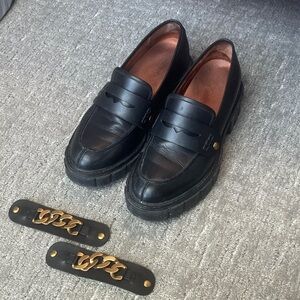 Vionic Black Leather Lug Sole Penny Loafers with Removable Gold Chain Accents